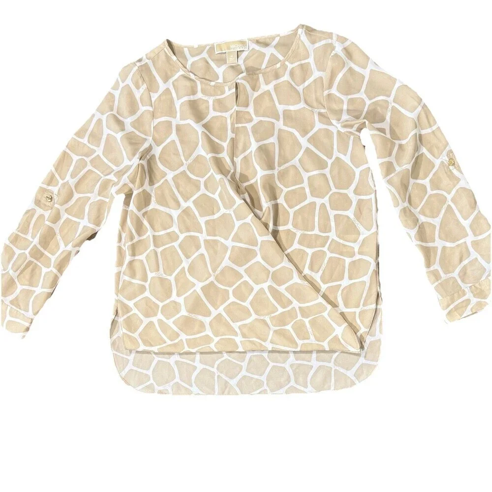 Michael Kors Giraffe Print Blouse Women M Roll Tab Sleeve Keyhole Beige